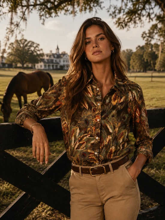 Ralph Lauren Tops - Ralph Lauren Feather Print Cotton Blouse Size L Fall Classic Button Down RL
